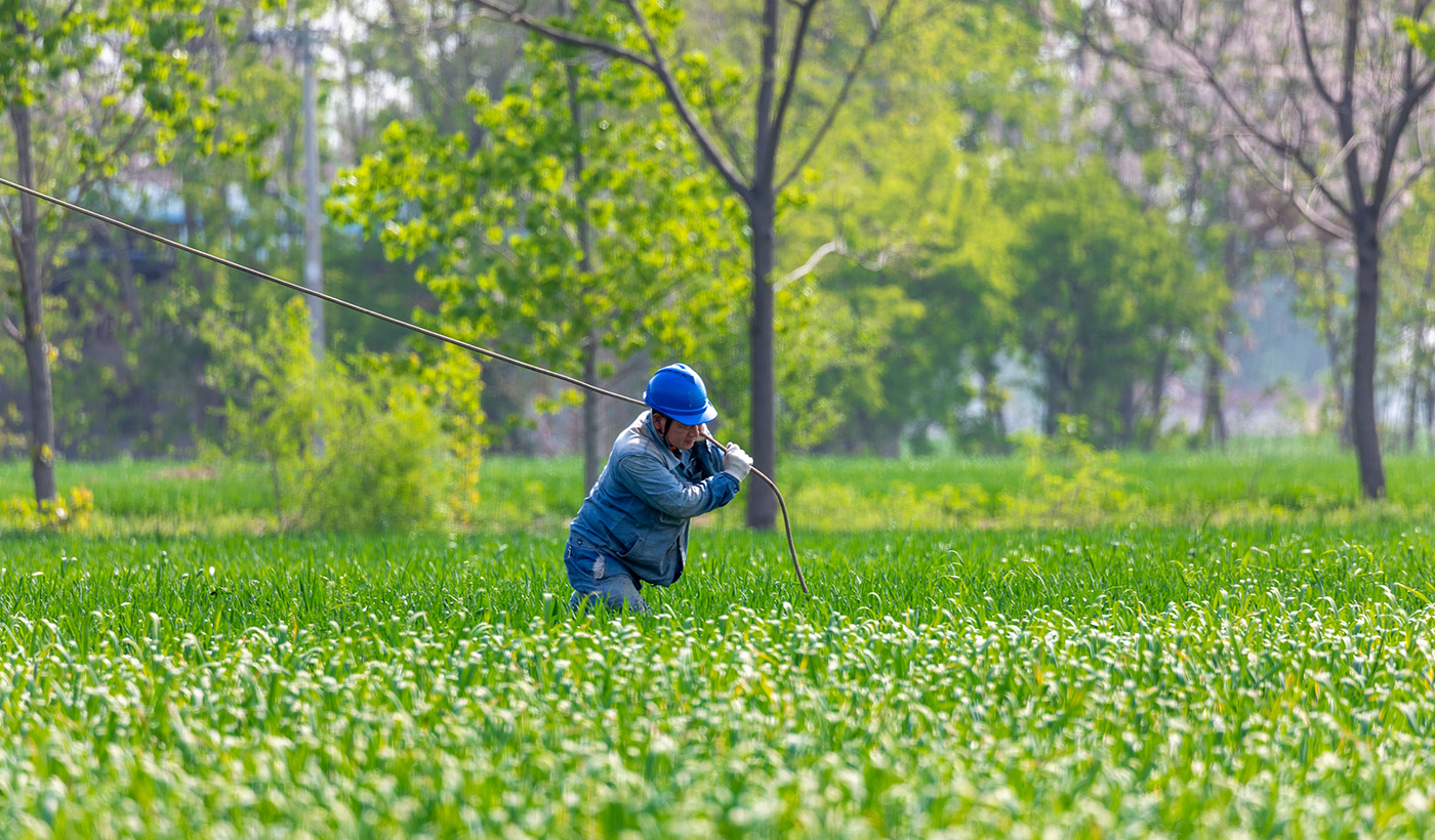 图为：2026年4月16日，在河南省安阳市滑县老店镇小屯村110千伏楚老线路升级改造施工现场，国网滑县供电公司37名电力工人正在加紧施工。（王亚方 摄）